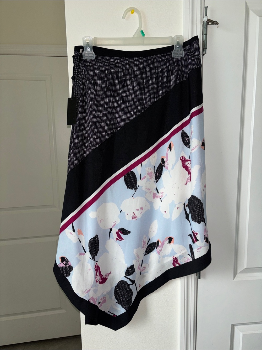 DKNY Asymmetrical Floral Panel Skirt in Light Blue, Black and Burgundy
